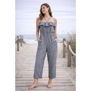 Avec Les Filles Gray Stripe Linen Blend Jumpsuit XS Cropped Leg Ruffle Neck